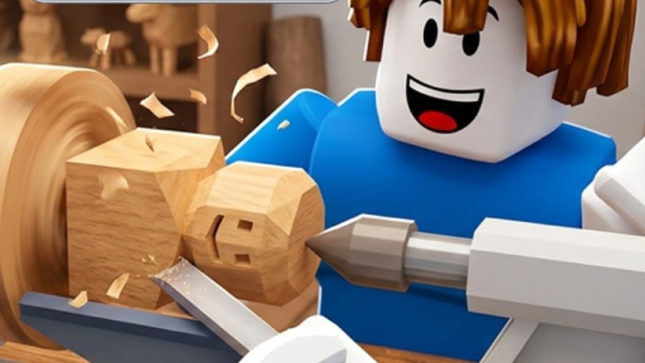 Roblox avatar in the Carve Wood workshop carving a wooden block on the lathe
